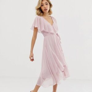 ASOS Pale Pink Flutter-Sleeve Wrap Midi Dress